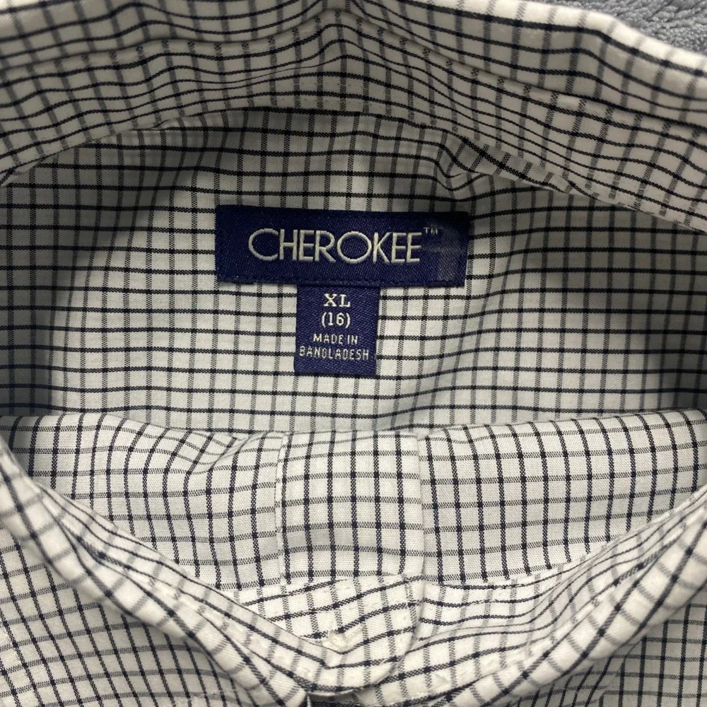 Cherokee Shirt Youth XL 16 Navy White Check Button Down Long Sleeve Made in 2015
